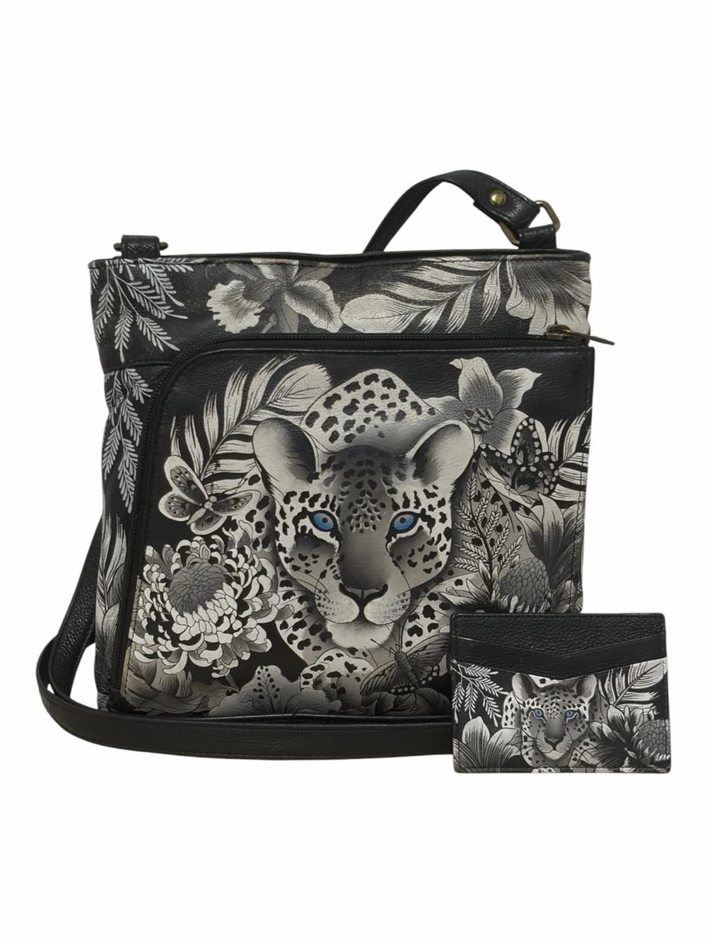 Anuschka Black & White Snow Leopard Crossbody & Card Wallet Set